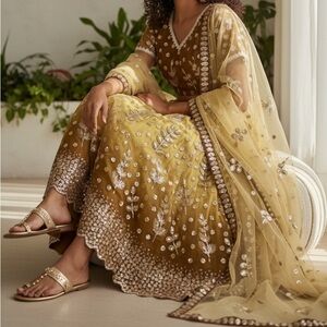 Brown and Yellow Embellished Lehenga Set